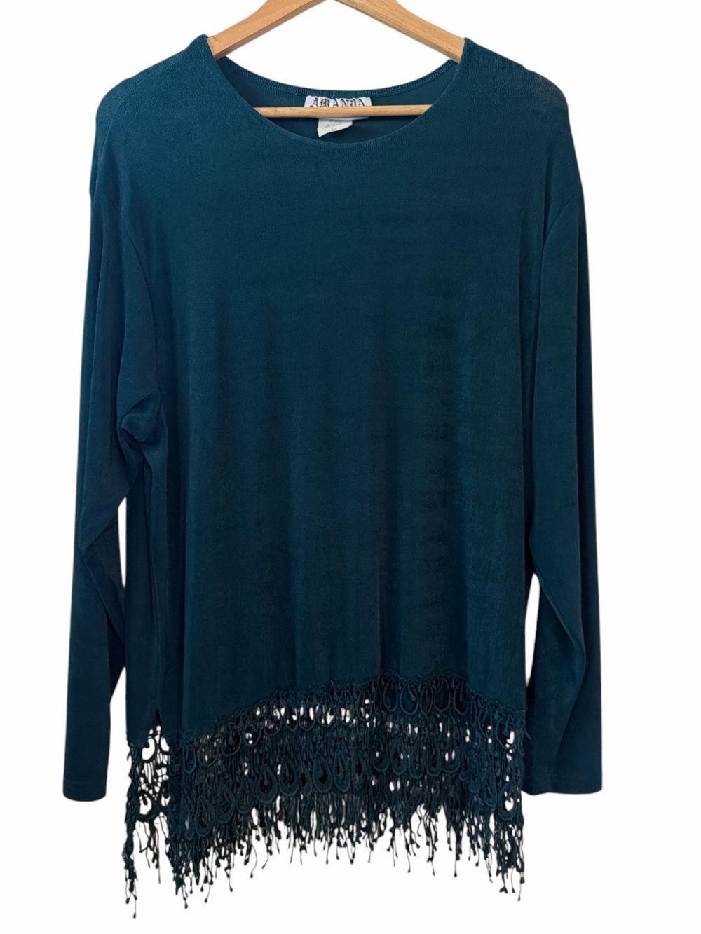 Vintage Boho Revival Long Sleeve Tunic Crochet Fringe Womenβs 1X Dark Green
